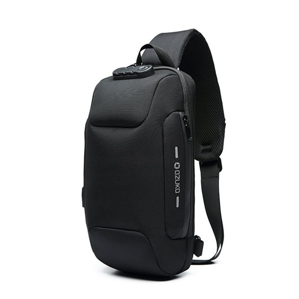 Mens Black Sling Backpack Crossbody Chest Sling Bag USB Port Waterproof Outdoor